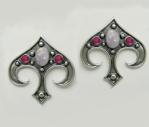 Sterling Silver Gothic Inspired Drop Dangle Earrings With Rainbow Moonstone And Pink Tourmaline